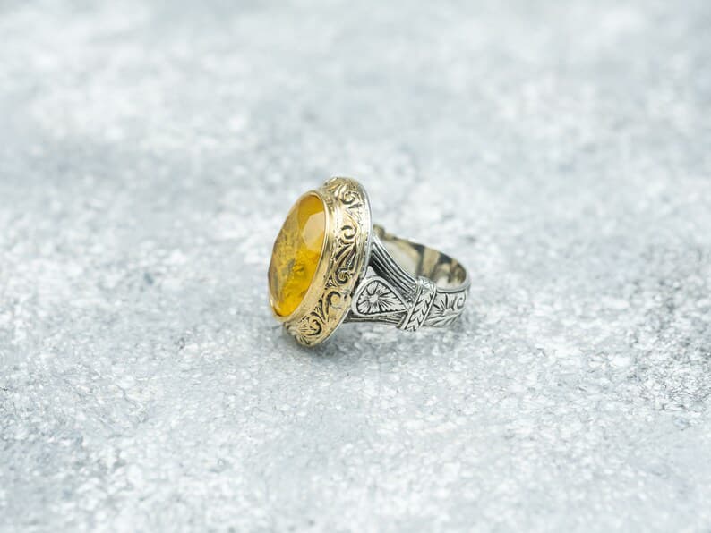 Unique Turkish Style Ring with Yellow Sapphire | 925 Sterling Silver Oxidized Ring | With Certificate of Authenticity and 925 Hallmark