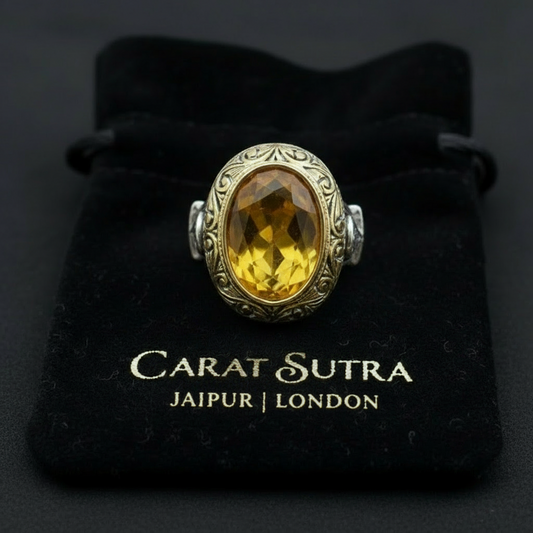 Unique Turkish Style Ring with Yellow Sapphire | 925 Sterling Silver Oxidized Ring | With Certificate of Authenticity and 925 Hallmark - caratsutra