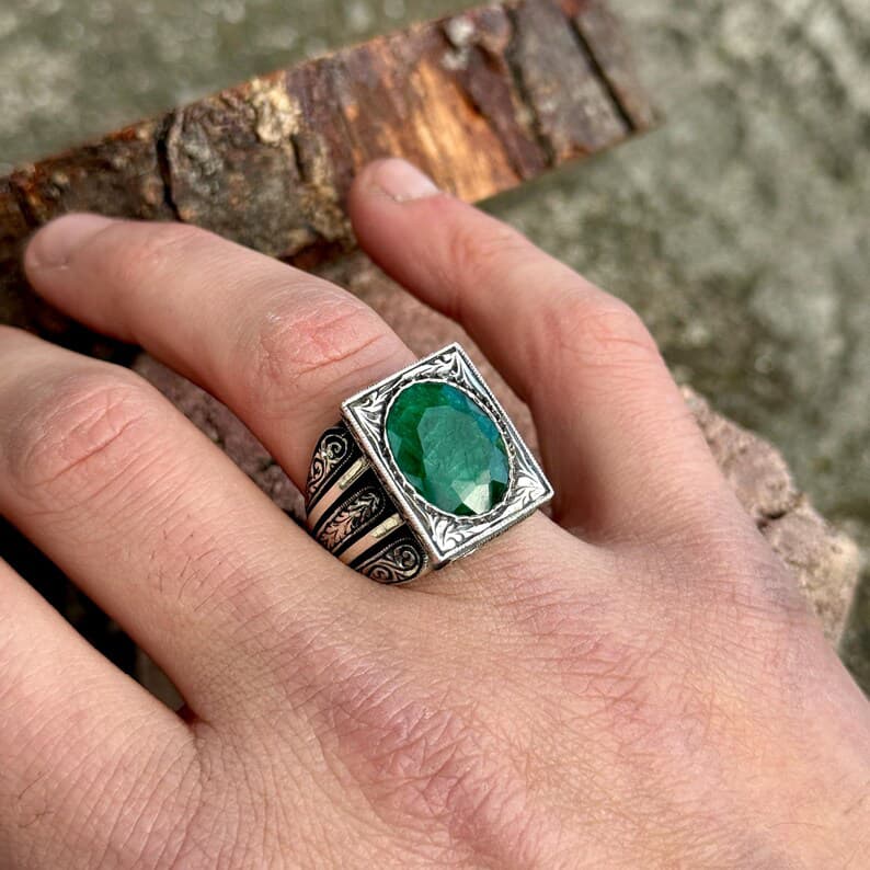 RARE PRINCE by CARAT SUTRA | Unique Designed Turkish Style Ring with Emerald | 925 Sterling Silver Oxidized Ring | Men's Jewelry | With Certificate of Authenticity and 925 Hallmark