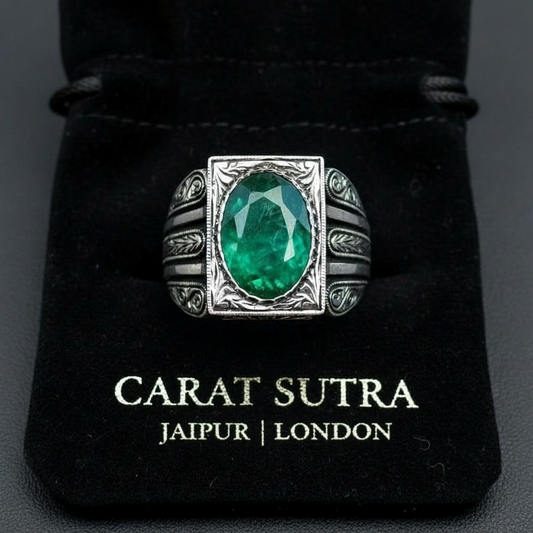 RARE PRINCE by CARAT SUTRA | Unique Designed Turkish Style Ring with Emerald | 925 Sterling Silver Oxidized Ring | Men's Jewelry | With Certificate of Authenticity and 925 Hallmark
