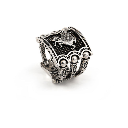 Premium Horse (Pegasus) Vintage Byzantine Style Signet Ring, Oxidized Sterling Silver 925 Ring | With Certificate of Authenticity and 925 Hallmark