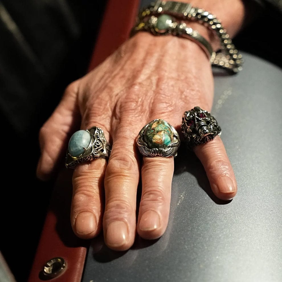 RARE PRINCE by CARAT SUTRA | Biker Guy, Oval shaped Turkish Style Ring with Natural Irani Turquoise (Firoza) with Eagle | 925 Sterling Silver Oxidized Ring | Men's Jewelry | With Certificate of Authenticity and 925 Hallmark