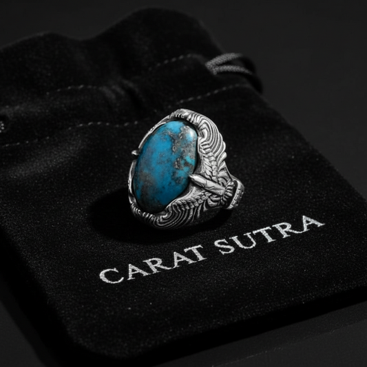 RARE PRINCE by CARAT SUTRA | Biker Guy, Oval shaped Turkish Style Ring with Natural Irani Turquoise (Firoza) with Eagle | 925 Sterling Silver Oxidized Ring | Men's Jewelry | With Certificate of Authenticity and 925 Hallmark