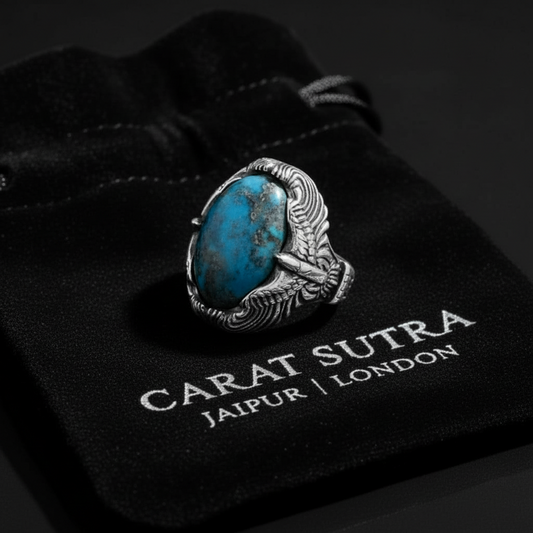 RARE PRINCE by CARAT SUTRA | Biker Guy, Oval shaped Turkish Style Ring with Natural Irani Turquoise (Firoza) with Eagle | 925 Sterling Silver Oxidized Ring | Men's Jewelry | With Certificate of Authenticity and 925 Hallmark