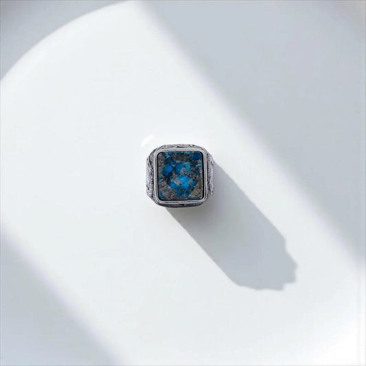 RARE PRINCE by CARAT SUTRA | Biker Guy, Oval shaped Turkish Style Ring with Natural Irani Turquoise (Firoza) with Horse | 925 Sterling Silver Oxidized Ring | Men's Jewelry | With Certificate of Authenticity and 925 Hallmark