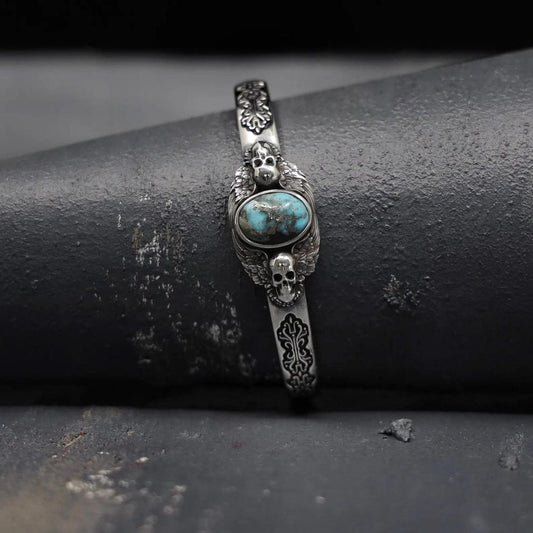 RARE PRINCE by CARAT SUTRA | Adjustable Skull Cuff/ kada with Natural Irani Turquoise (Firoza) | 925 Sterling Silver Bracelet | With Certificate of Authenticity and 925 Hallmark