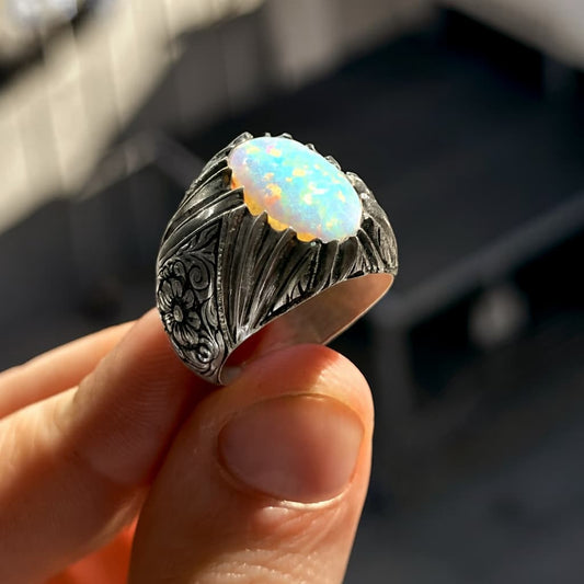 Unique Designed Turkish Style Ring with Excellent quality 12ct Fire Australian Opal | 925 Sterling Silver Oxidized Ring | With Certificate of Authenticity and 925 Hallmark