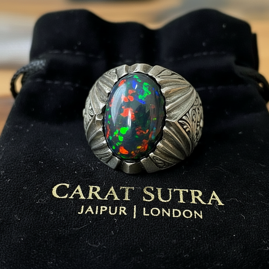 Unique Designed Turkish Style Ring with 12ct Natural Fire Black Opal | 925 Sterling Silver Oxidized Ring | With Certificate of Authenticity and 925 Hallmark