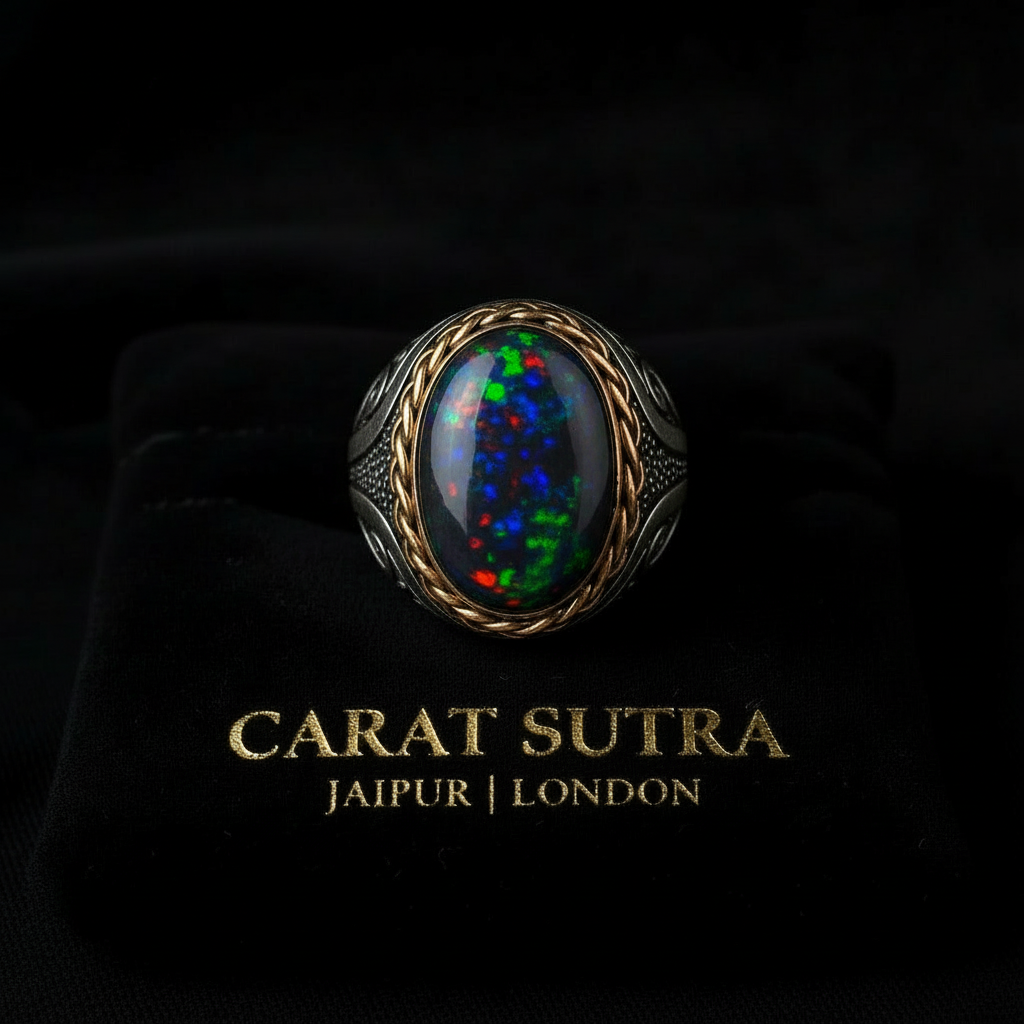Unique Designed Turkish Style Ring with 12ct Natural Fire Black Opal | 925 Sterling Silver Oxidized Ring | With Certificate of Authenticity and 925 Hallmark