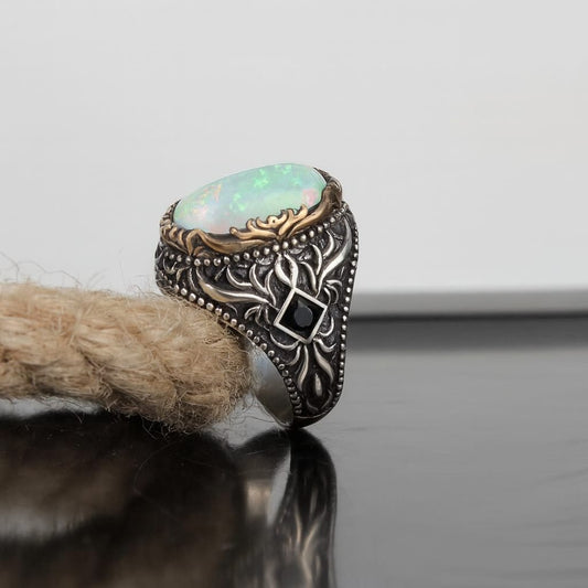 Unique Designed Turkish Style Ring with 13ct Fire Australian Opal | 925 Sterling Silver Oxidized Ring | With Certificate of Authenticity and 925 Hallmark