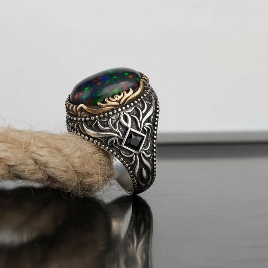 Unique Designed Turkish Style Ring with 12ct Natural Fire Black Opal | 925 Sterling Silver Oxidized Ring | With Certificate of Authenticity and 925 Hallmark