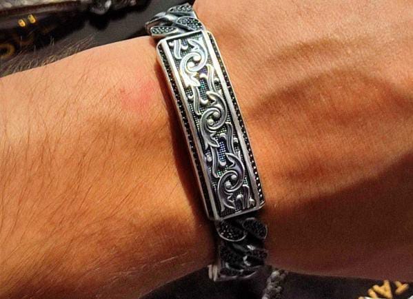 RARE PRINCE by CARAT SUTRA | 16mm Unique Dark Oxidised, Hand Engraved Cuban Link Bracelet studded with black zircon | 925 Silver Bracelet | With Certificate of Authenticity and 925 Hallmark