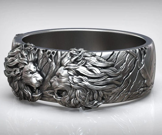 RARE PRINCE by CARAT SUTRA | Unique Designed Band Ring with Lion | 925 Sterling Silver Oxidized Ring | Men's Jewelry | With Certificate of Authenticity and 925 Hallmark