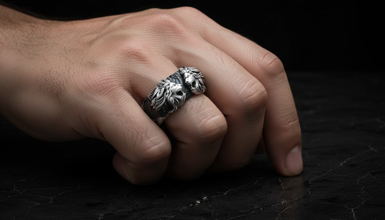 RARE PRINCE by CARAT SUTRA | Unique Designed Band Ring with Lion | 925 Sterling Silver Oxidized Ring | Men's Jewelry | With Certificate of Authenticity and 925 Hallmark