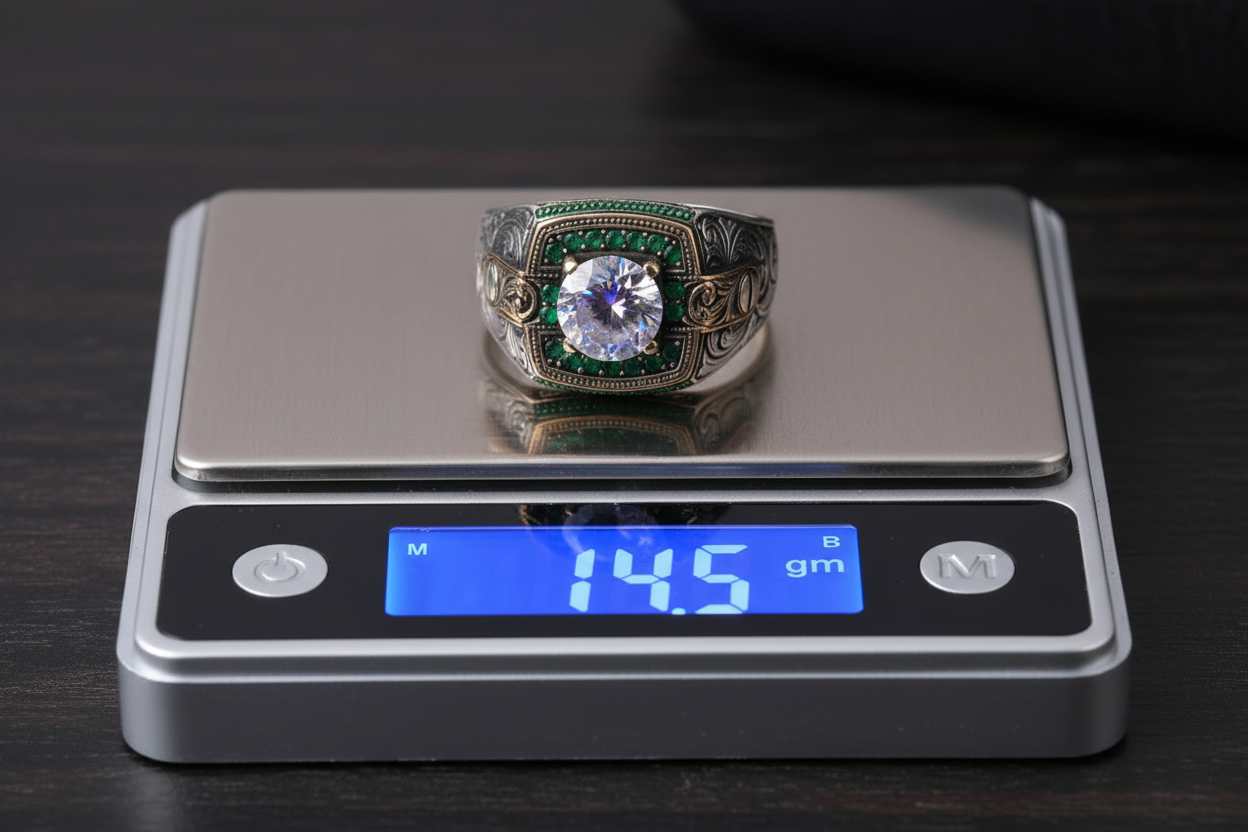 Unique Designed Turkish Style Ring with White Zirconia surrounded by Emeralds | 925 Sterling Silver Oxidized Ring | Men's Jewelry | With Certificate of Authenticity and 925 Hallmark - caratsutra