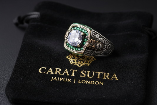 Unique Designed Turkish Style Ring with White Zirconia surrounded by Emeralds | 925 Sterling Silver Oxidized Ring | Men's Jewelry | With Certificate of Authenticity and 925 Hallmark - caratsutra
