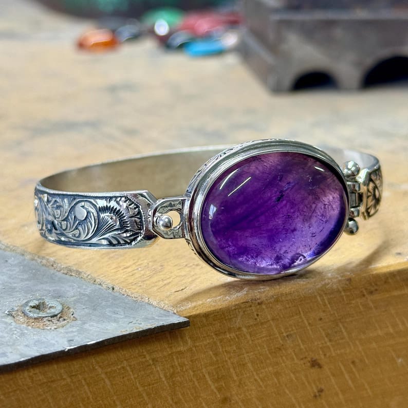 Hand-Engraved Bracelet Cuff with 30 Ct Natural Amethyst Stone | 925 Sterling Silver Bracelet | With Certificate of Authenticity and 925 Hallmark - caratsutra