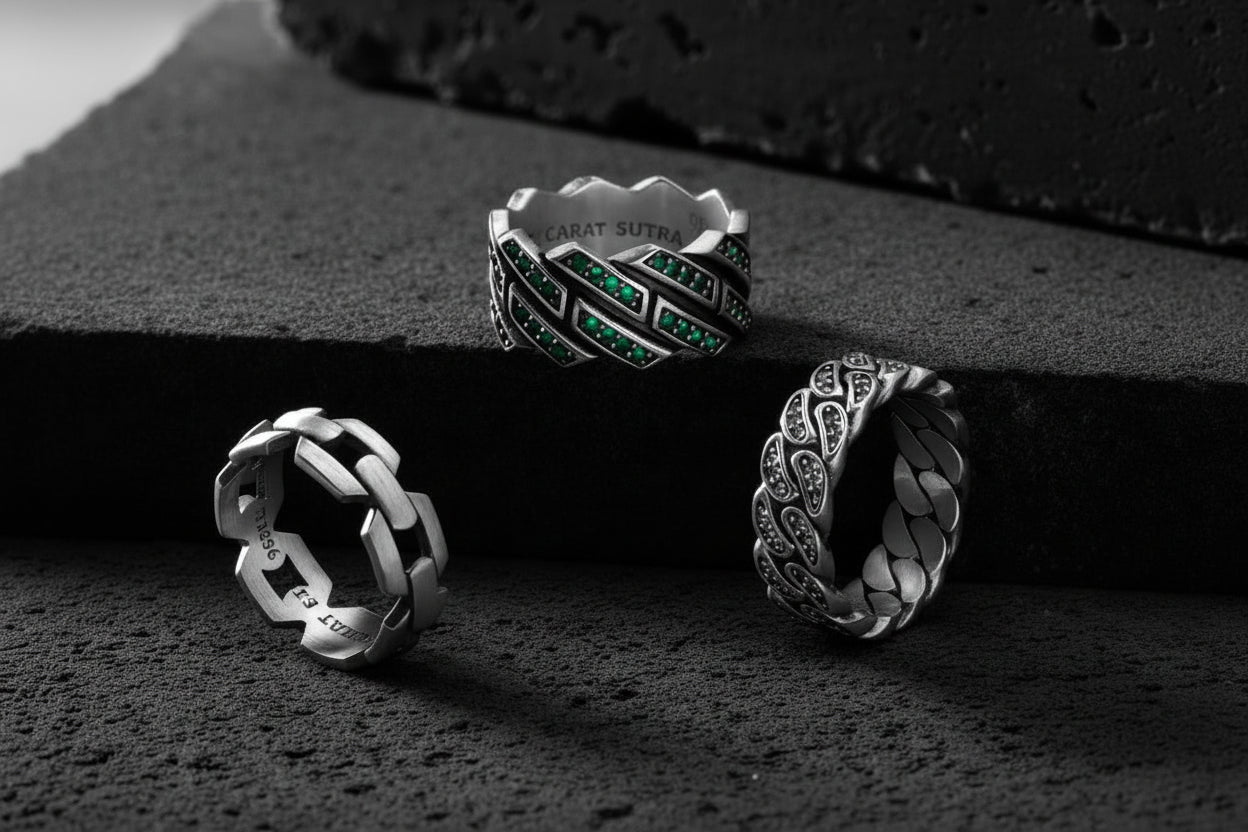 6mm wide, Emerald Iced Out Cuban link Band Ring for Men, Sterling Silver 925 Ring | With Certificate of Authenticity and 925 Hallmark - caratsutra