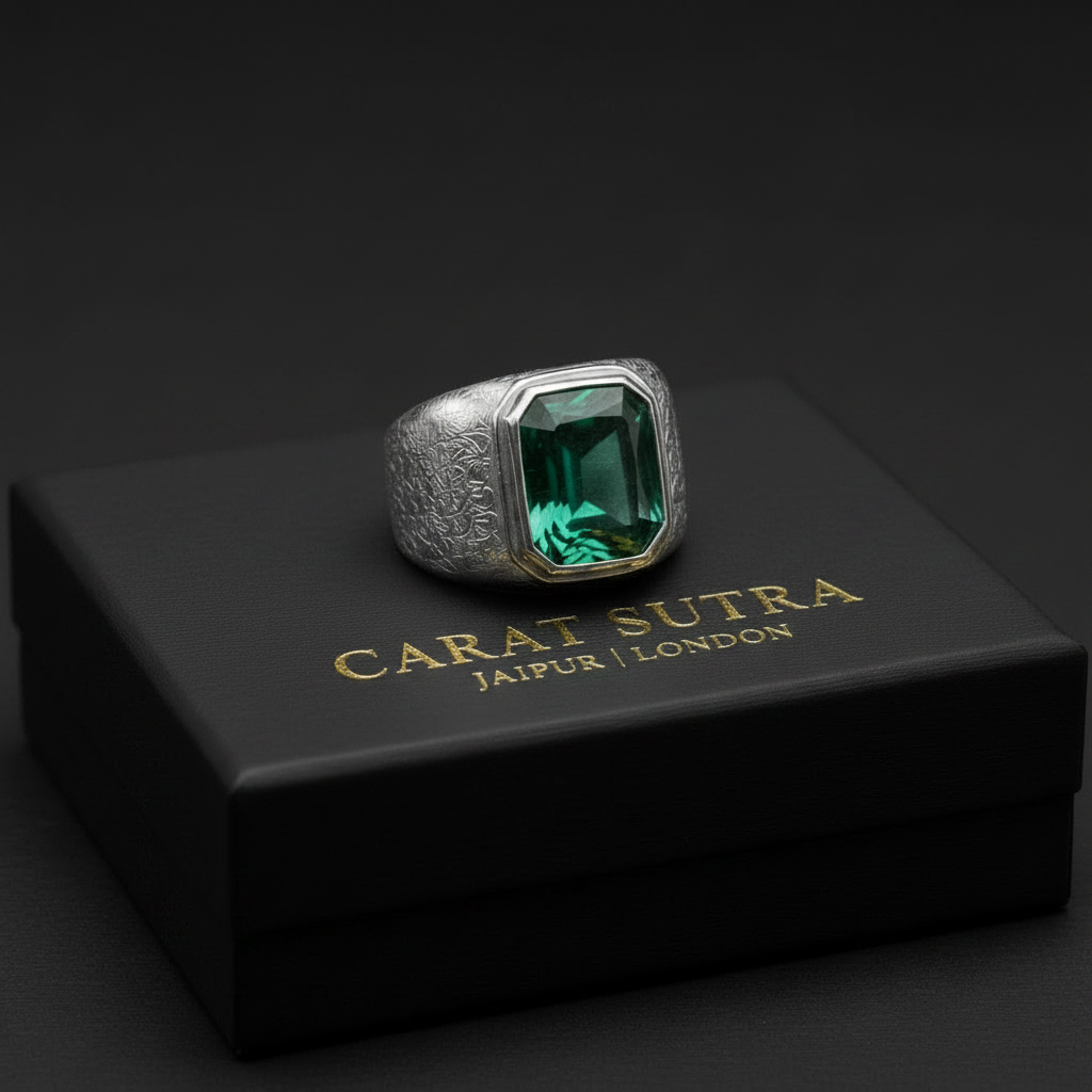 Floral Engraving Finish, Classic Style Ring with 8ct Natural Zambian Emerald Stone | 925 Sterling Silver | With Certificate of Authenticity and 925 Hallmark