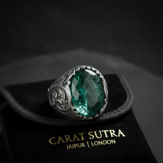 RARE PRINCE by CARAT SUTRA | Unique Designed Turkish Style Ring with Natural Zambian Emerald | 925 Sterling Silver Oxidized Ring | With Certificate of Authenticity and 925 Hallmark