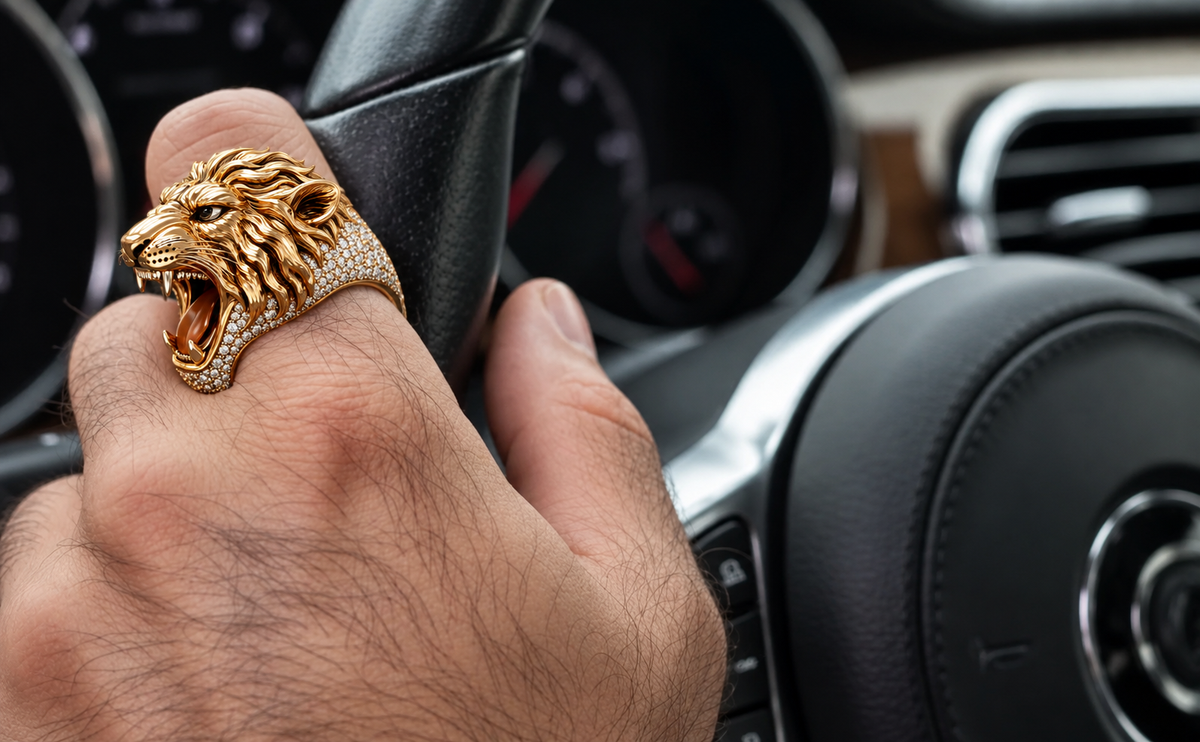 Unique Designed 22k Gold Plated 3D Lion face Ring with white Swarovski | 925 Sterling Silver Oxidized Ring