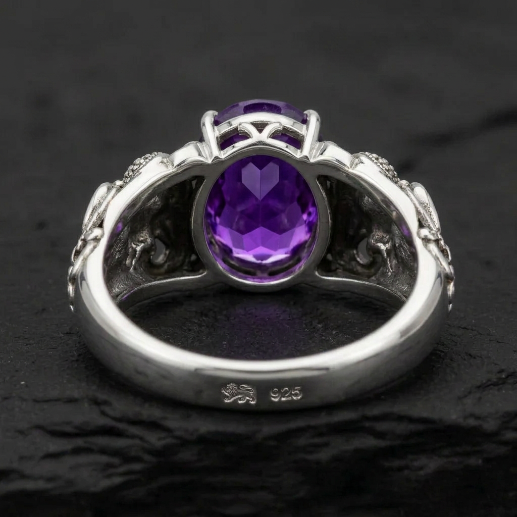 Antique Designed Elephant Band Ring studded with 6ct Natural Amethyst Stone | 925 Sterling Silver Oxidized Ring