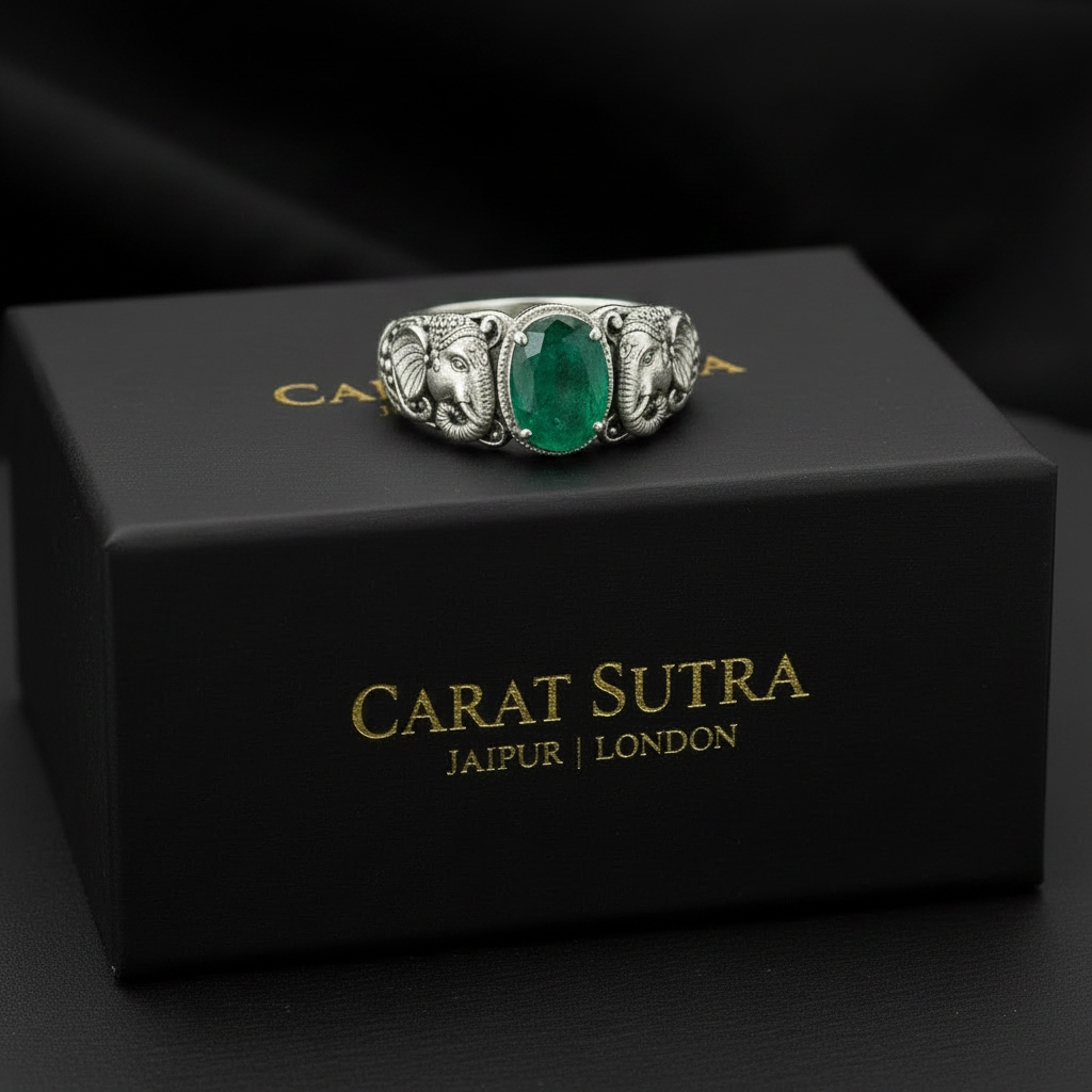 Antique Designed Elephant Band Ring studded with 5ct Natural Zambian Emerald Stone | 925 Sterling Silver Oxidized Ring