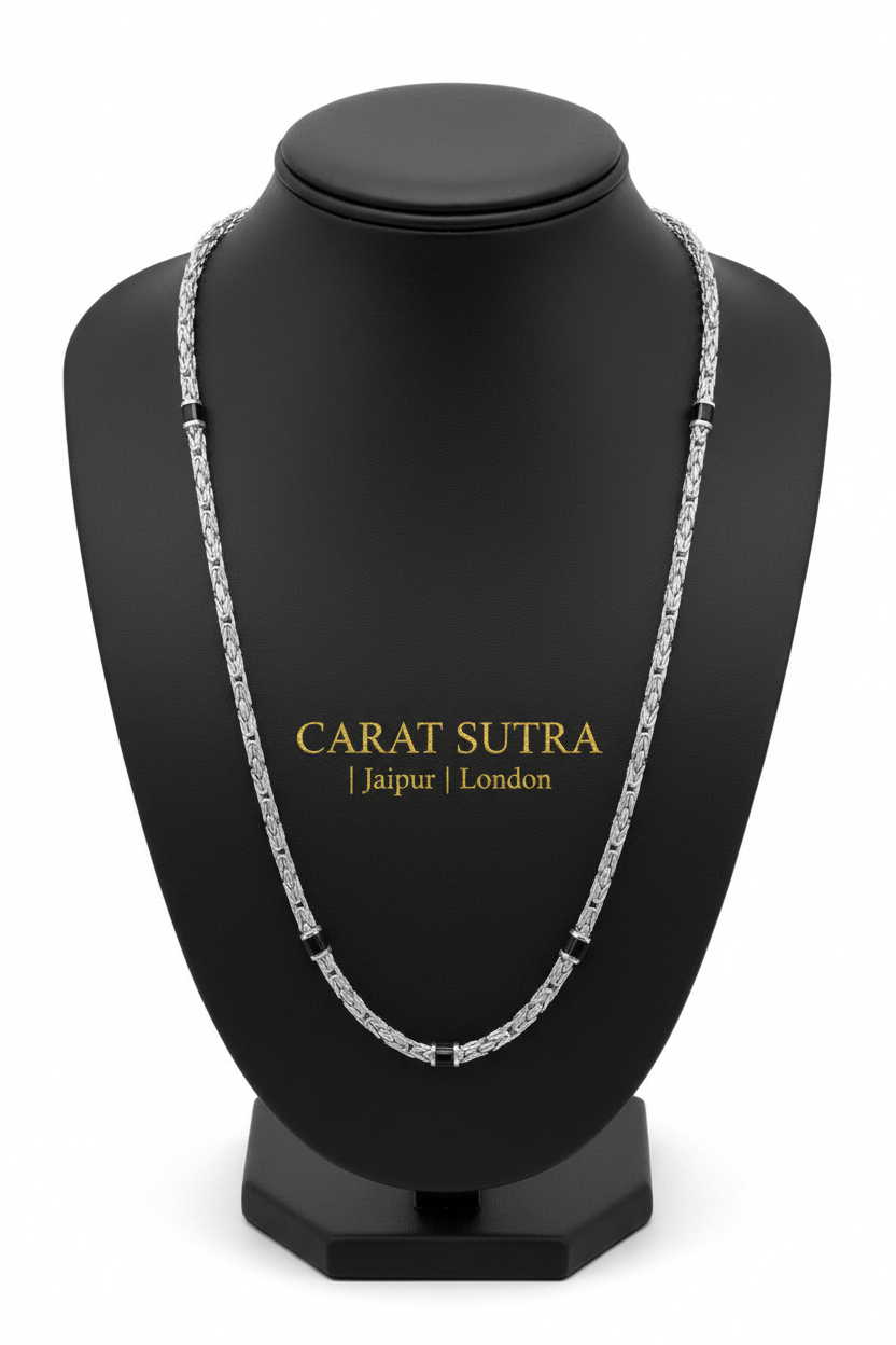 Solid 2.5mm Byzantine Link Chain, studded with Black Zircons | 925 Sterling Silver Chain | With Certificate of Authenticity and 925 Hallmark