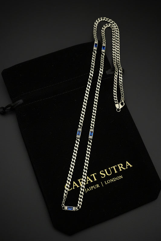 RARE PRINCE by CARAT SUTRA | Minimalist Solid 4mm Cuban Link Chain studded with Blue Zircon Stone | 925 Sterling Silver Chain | Men's Jewelry | With Certificate of Authenticity and 925 Hallmark - caratsutra