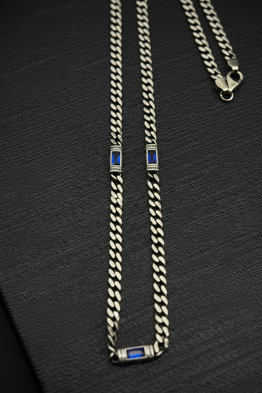 RARE PRINCE by CARAT SUTRA | Minimalist Solid 5mm Cuban Link Chain studded with Blue Zircon Stone | 925 Sterling Silver Chain | Men's Jewelry | With Certificate of Authenticity and 925 Hallmark