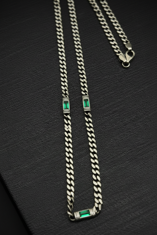 RARE PRINCE by CARAT SUTRA | Minimalist Solid 4mm Cuban Link Chain studded with Green Zircon Stone | 925 Sterling Silver Chain | Men's Jewelry | With Certificate of Authenticity and 925 Hallmark - caratsutra