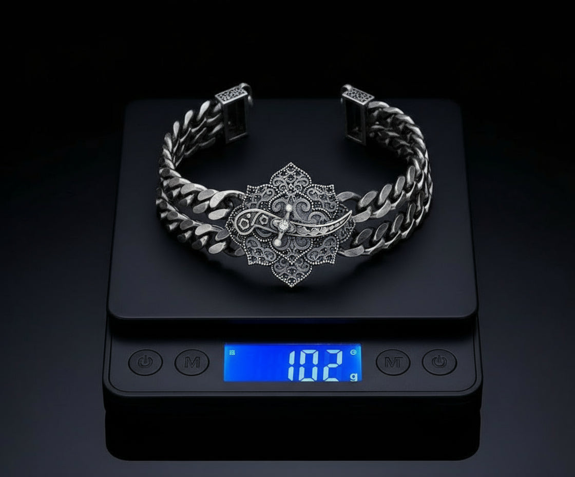 RARE PRINCE by CARAT SUTRA | Double Sided 20mm Wide Solid Oxidised Cuban Link Bracelet with Artistic Sword | Antique Finish 925 Sterling Silver Bracelet | Men's Jewelry | With Certificate of Authenticity and 925 Hallmark