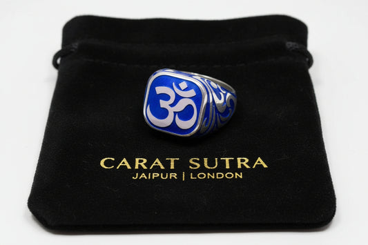 RARE PRINCE by CARAT SUTRA | Om Symbol with Blue Enamel Signet Ring for Men, Sterling Silver 925 Ring | Jewellery for Men| With Certificate of Authenticity and 925 Hallmark - caratsutra