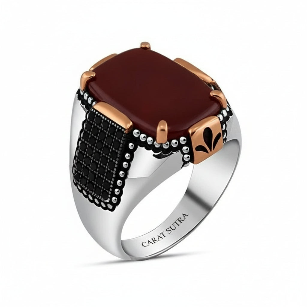 RARE PRINCE by CARAT SUTRA | Unique Turkish Style Ring with Natural Red Agate | 925 Sterling Silver Oxidized Ring | Men's Jewelry | With Certificate of Authenticity and 925 Hallmark