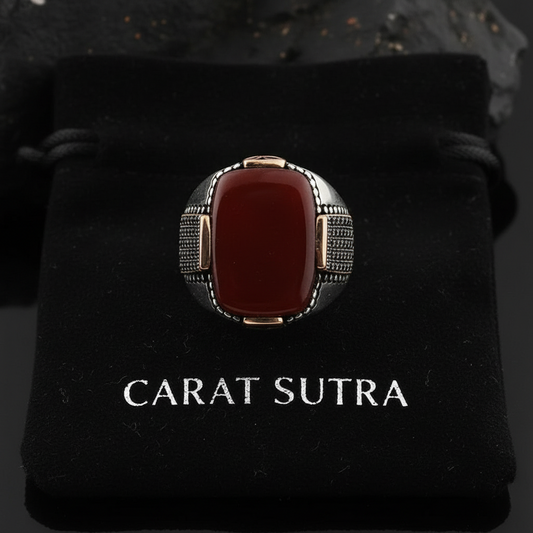 RARE PRINCE by CARAT SUTRA | Unique Turkish Style Ring with Natural Red Agate | 925 Sterling Silver Oxidized Ring | Men's Jewelry | With Certificate of Authenticity and 925 Hallmark