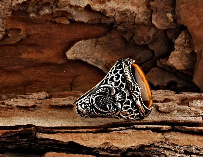 RARE PRINCE by CARAT SUTRA | Unique Designed Turkish Style Ring with Natural Tiger Eye | 925 Sterling Silver Oxidized Ring | Men's Jewelry | With Certificate of Authenticity and 925 Hallmark