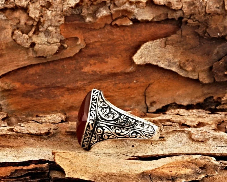 RARE PRINCE by CARAT SUTRA | Unique Turkish Style Ring with Natural Red Agate | 925 Sterling Silver Oxidized Ring | Men's Jewelry | With Certificate of Authenticity and 925 Hallmark