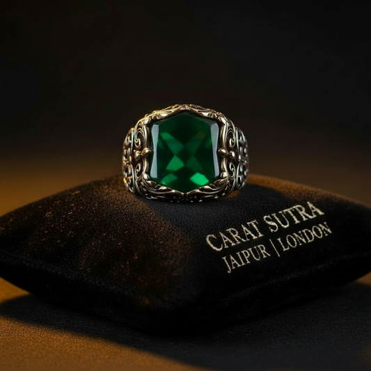 RARE PRINCE by CARAT SUTRA | Unique Turkish Style Ring with Natural Green Onyx | 925 Sterling Silver Oxidized Ring | Men's Jewelry | With Certificate of Authenticity and 925 Hallmark
