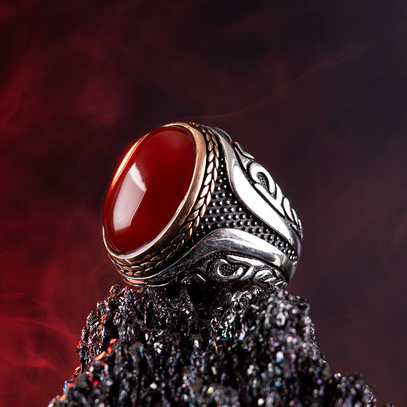 RARE PRINCE by CARAT SUTRA | Unique Turkish Style Ring with Natural Red Agate | 925 Sterling Silver Oxidized Ring | Men's Jewelry | With Certificate of Authenticity and 925 Hallmark