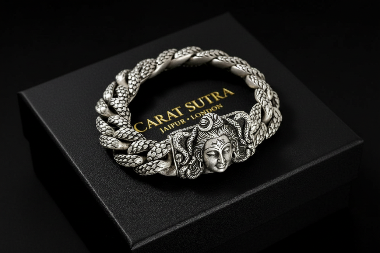 18mm wide Solid. 925 sterling silver bracelet with Mahadev Face, oxidized Cuban design | Sterling Silver Bracelet | With Certificate of Authenticity and 925 Hallmark - caratsutra