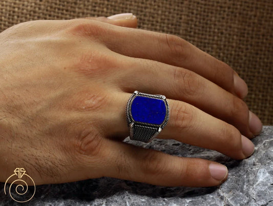 RARE PRINCE by CARAT SUTRA | Unique Turkish Style Ring with Natural Blue Lapis Lazuli | 925 Sterling Silver Oxidized Ring | Men's Jewelry | With Certificate of Authenticity and 925 Hallmark
