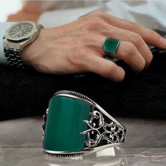 RARE PRINCE by CARAT SUTRA | Unique Turkish Style Curved Ring with Green Onyx | 925 Sterling Silver Oxidized Ring | Men's Jewelry | With Certificate of Authenticity and 925 Hallmark