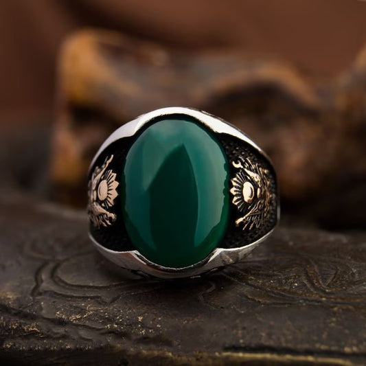 RARE PRINCE by CARAT SUTRA | Unique Designed Turkish Style Ring with Green Onyx | 925 Sterling Silver Gold Plated Ring | Men's Jewelry | With Certificate of Authenticity and 925 Hallmark