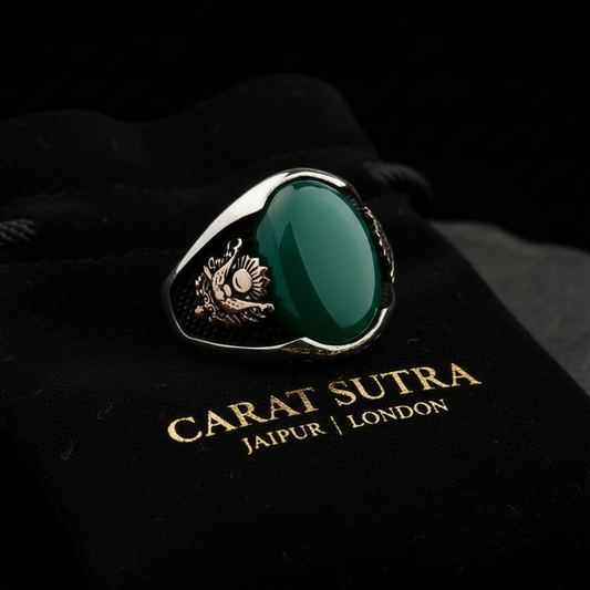 RARE PRINCE by CARAT SUTRA | Unique Designed Turkish Style Ring with Green Onyx | 925 Sterling Silver Gold Plated Ring | Men's Jewelry | With Certificate of Authenticity and 925 Hallmark