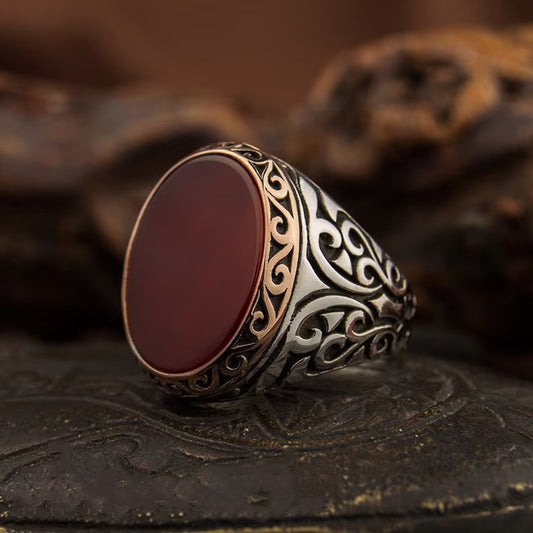 RARE PRINCE by CARAT SUTRA | Unique Turkish Style Ring with Natural Red Agate | 925 Sterling Silver Oxidized Ring | Men's Jewelry | With Certificate of Authenticity and 925 Hallmark