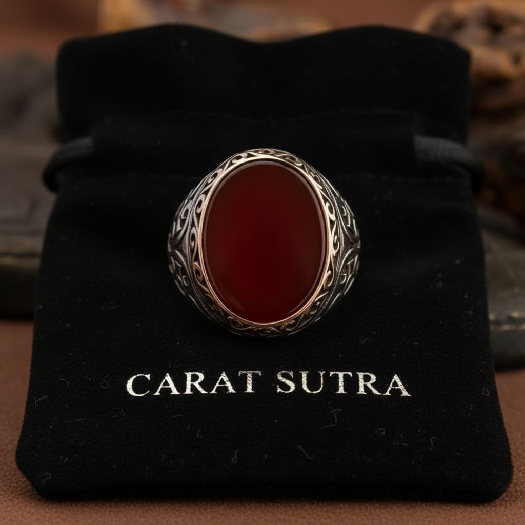 RARE PRINCE by CARAT SUTRA | Unique Turkish Style Ring with Natural Red Agate | 925 Sterling Silver Oxidized Ring | Men's Jewelry | With Certificate of Authenticity and 925 Hallmark
