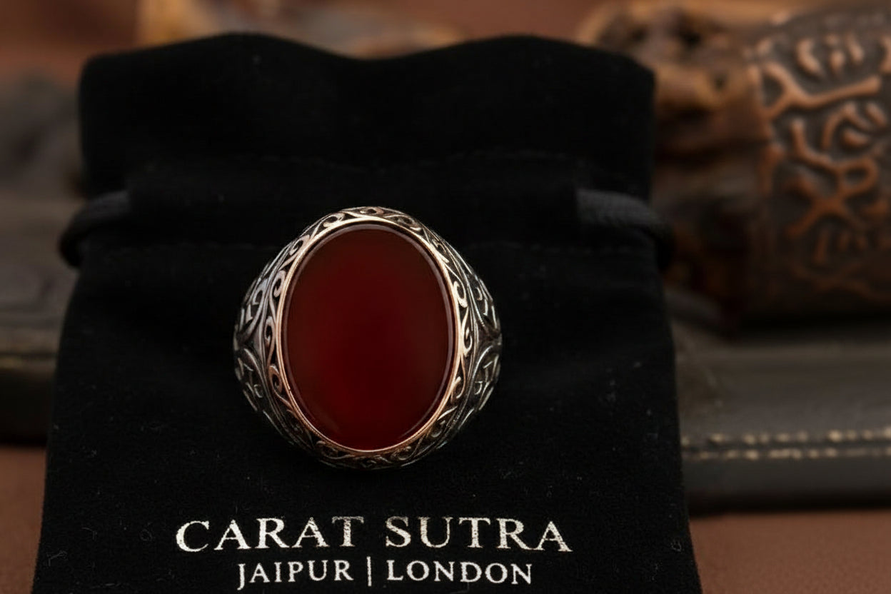 RARE PRINCE by CARAT SUTRA | Unique Turkish Style Ring with Natural Red Agate | 925 Sterling Silver Oxidized Ring | Men's Jewelry | With Certificate of Authenticity and 925 Hallmark