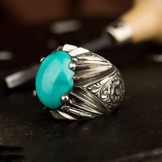 RARE PRINCE by CARAT SUTRA | Unique Designed Turkish Style Ring with Natural Irani Turquoise (Firoza) | 925 Sterling Silver Oxidized Ring | Men's Jewelry | With Certificate of Authenticity and 925 Hallmark