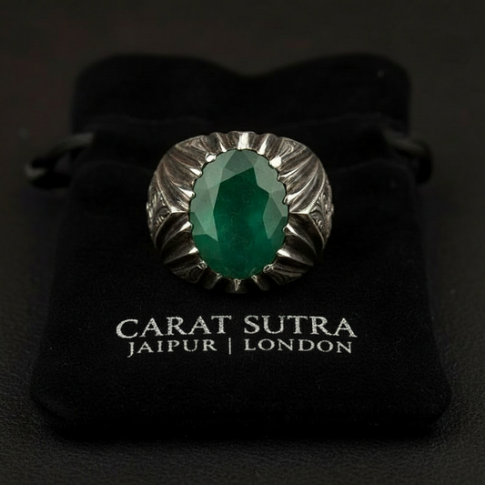RARE PRINCE by CARAT SUTRA | Unique Designed Turkish Style Ring with Emerald | 925 Sterling Silver Oxidized Ring | Men's Jewelry | With Certificate of Authenticity and 925 Hallmark