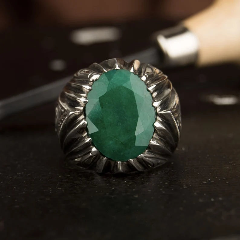 RARE PRINCE by CARAT SUTRA | Unique Designed Turkish Style Ring with Emerald | 925 Sterling Silver Oxidized Ring | Men's Jewelry | With Certificate of Authenticity and 925 Hallmark